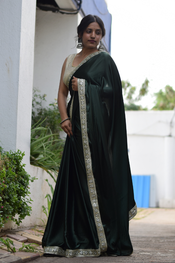 satin saree design | satin saree blouse | green satin saree