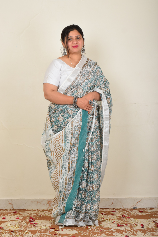 Flower Handblock Printed Pure Linen Zari Saree