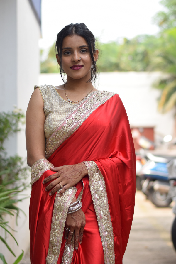 satin saree design | satin saree blouse | red satin saree