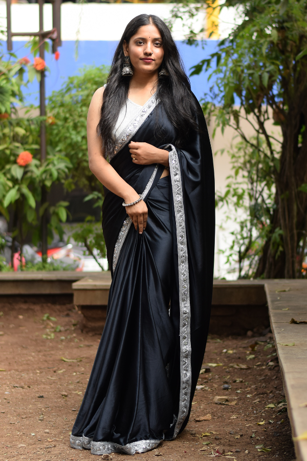 satin saree design | satin saree blouse | black satin saree