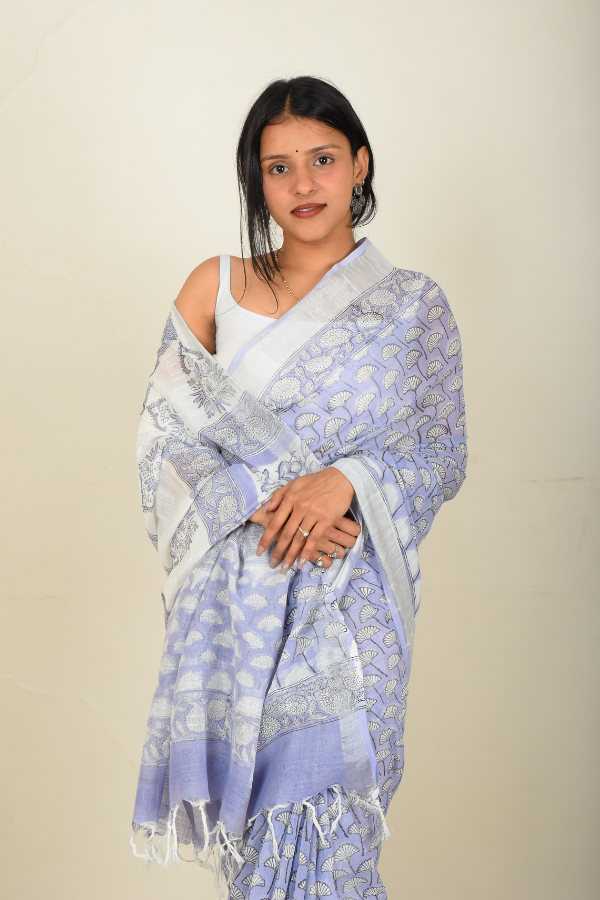 linen zari saree | linen saree designs | blockprinted linen saree online