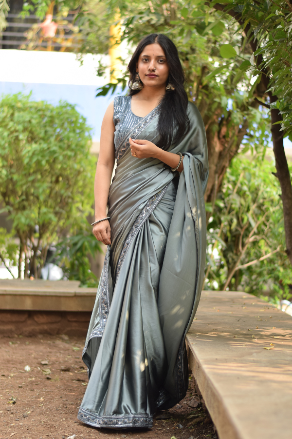 satin saree with border | satin embroidery saree | satin saree online