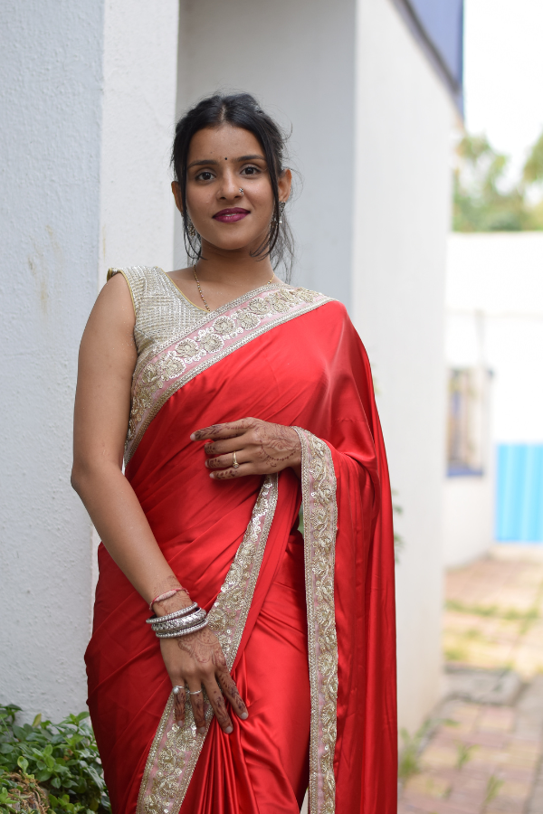 red satin saree look | satin saree with blouse | satin sarees