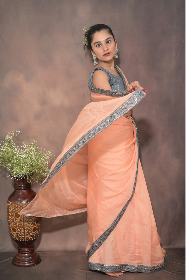 peach organza saree online | organza saree  silk | organza saree party wear