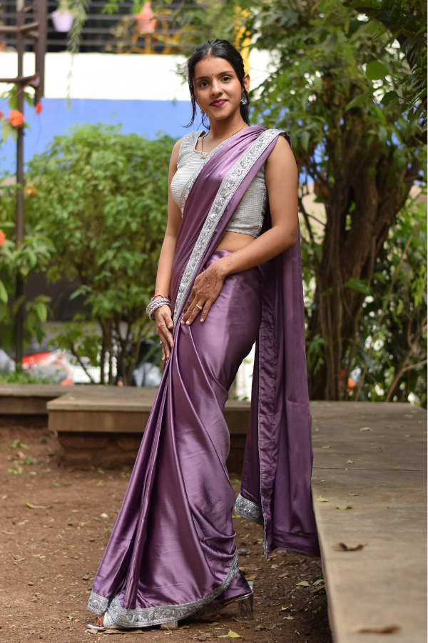 satin saree design | satin saree blouse | purple satin saree