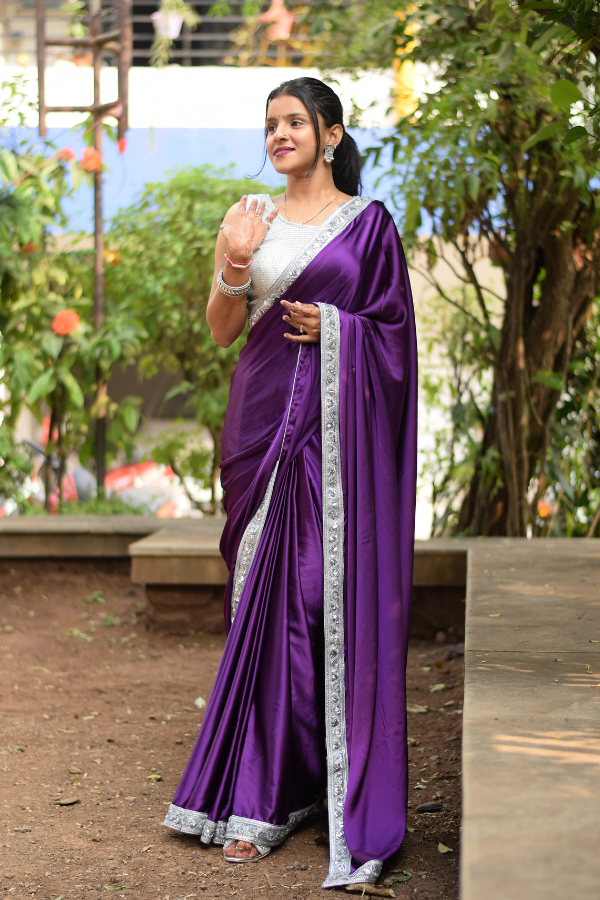 urple satin saree look | satin saree with blouse | satin sarees