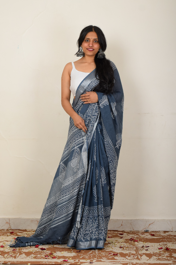 linen zari saree | linen saree designs | blockprinted linen saree online