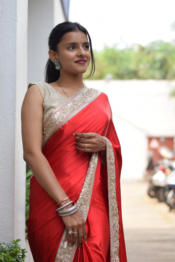 satin saree with embroidery work | satin saree price