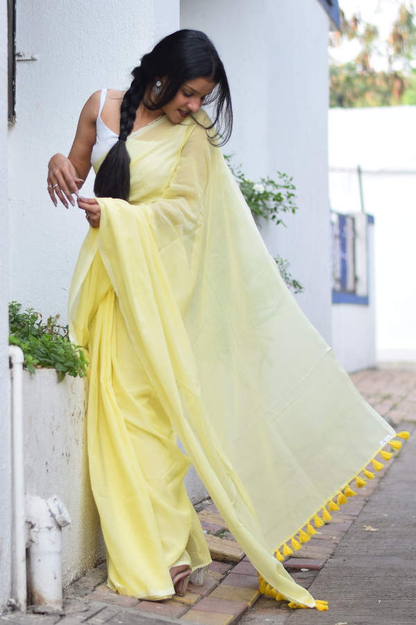 Buy lemon yellow pure cotton saree tana bana