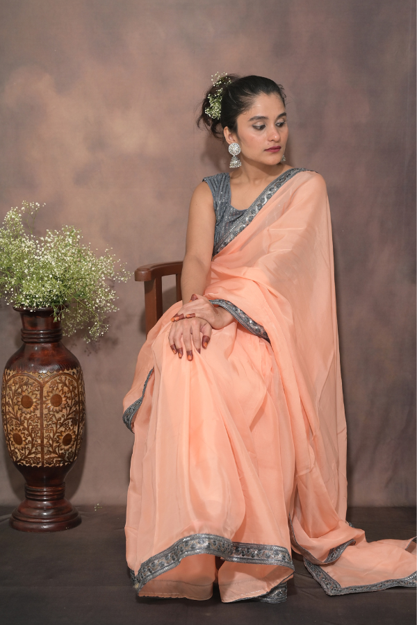organza saree peach | organza saree design | organza saree for women