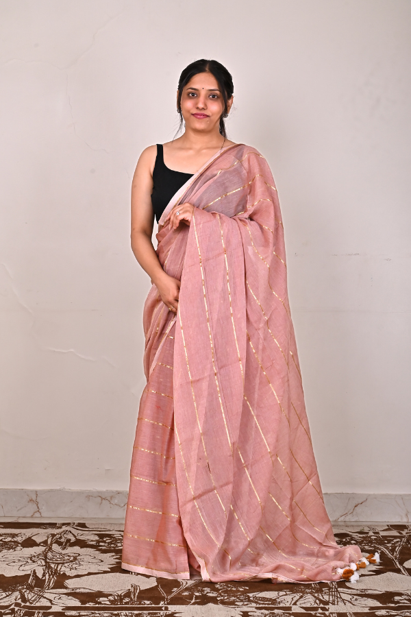 Peach beige mul cotton saree with zari work