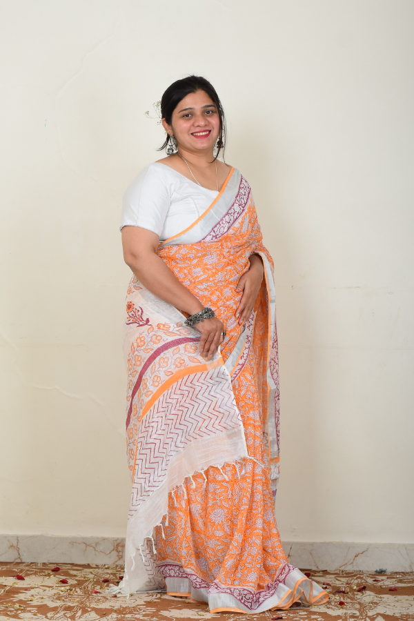 linen saree india | pure linen saree | orange linen saree