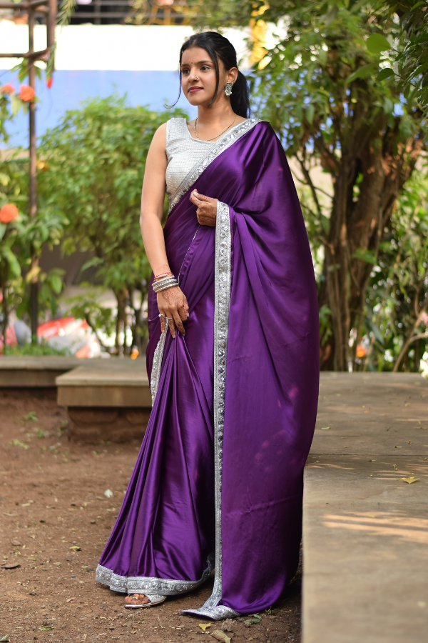 satin saree design | satin saree blouse | purple satin saree