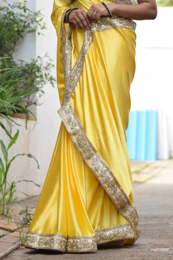 satin saree design | satin saree blouse | yellow satin saree