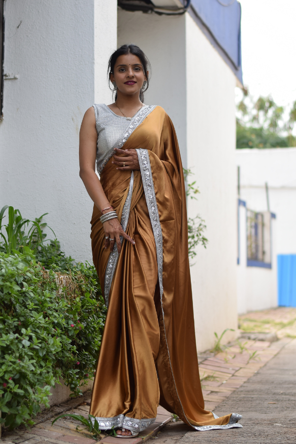 satin saree design | satin saree blouse | brown satin saree