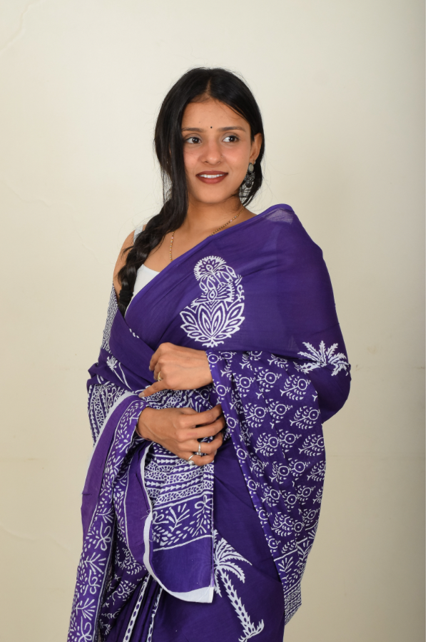 blockprint cotton saree | mulmul saree