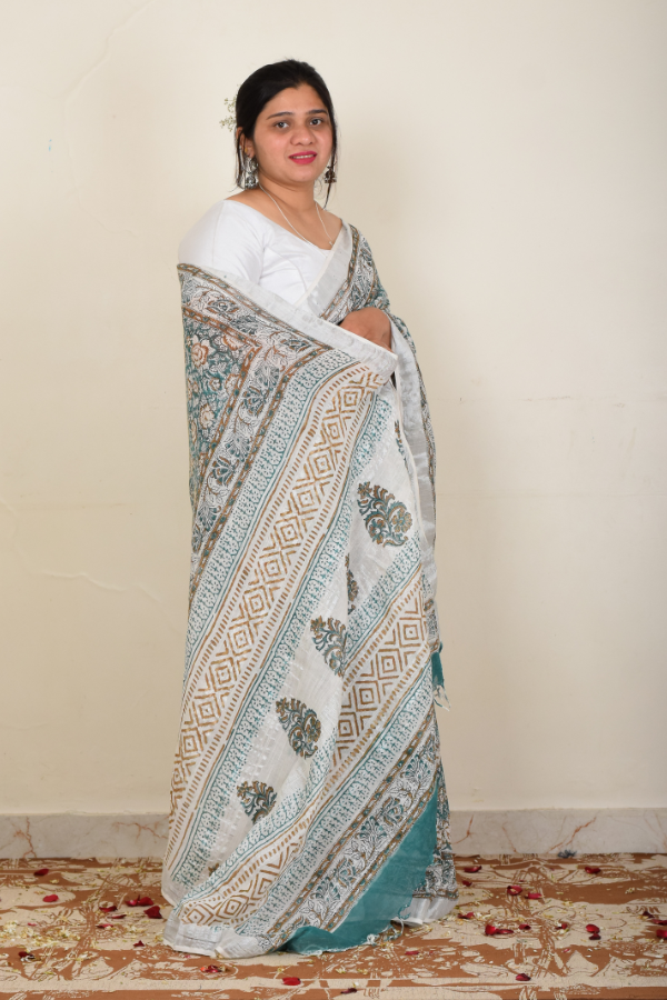 Flower Handblock Printed Pure Linen Zari Saree