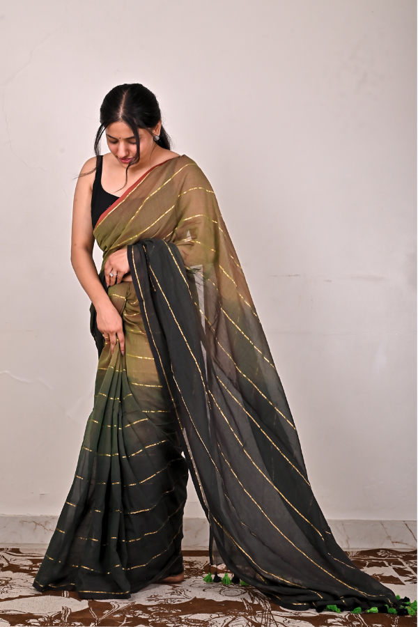 Olive mul cotton saree with zari work