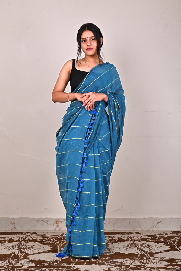Ocean blue mul cotton saree with zari work