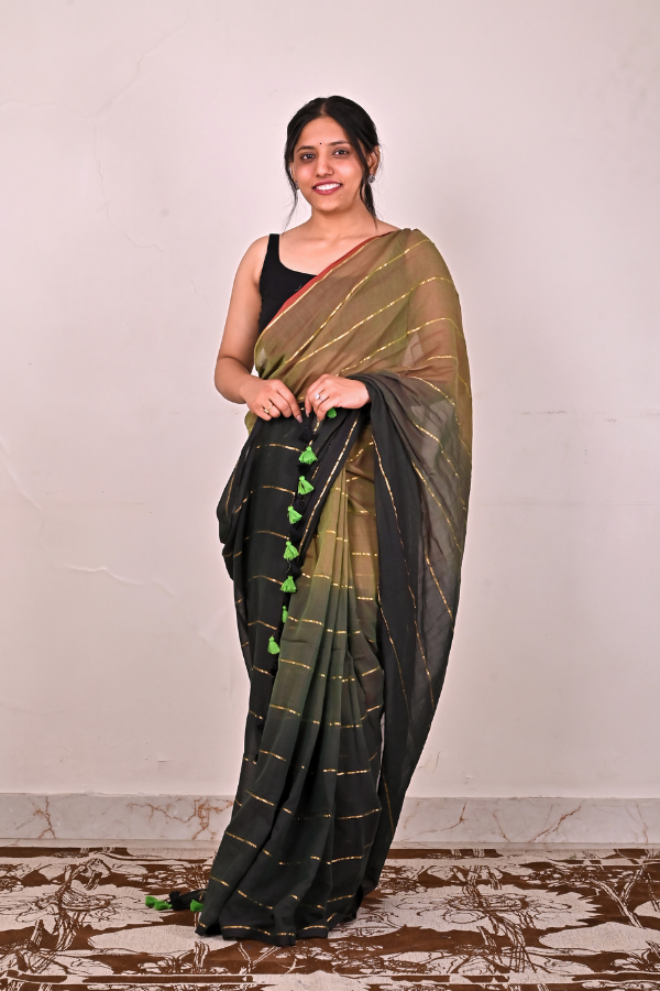 Olive mul cotton saree with zari work