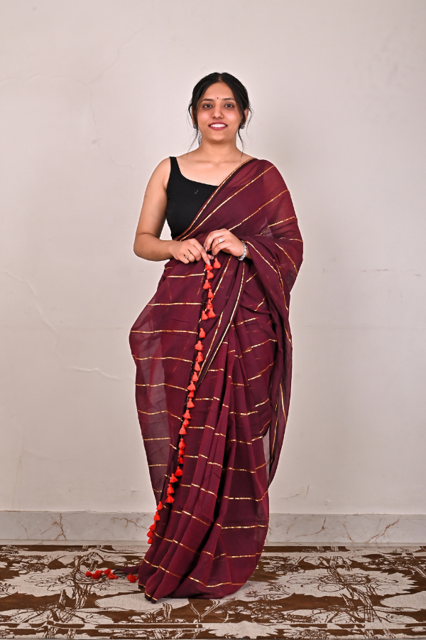 Burnt maroon mul cotton saree with zari work