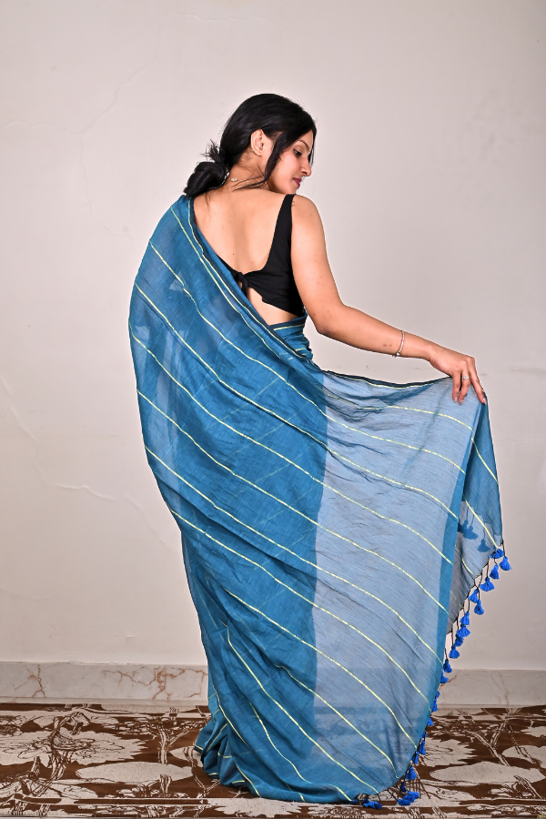 Ocean blue mul cotton saree with zari work
