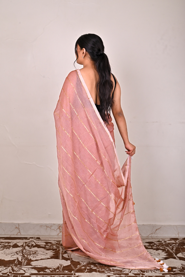 Peach beige mul cotton saree with zari work