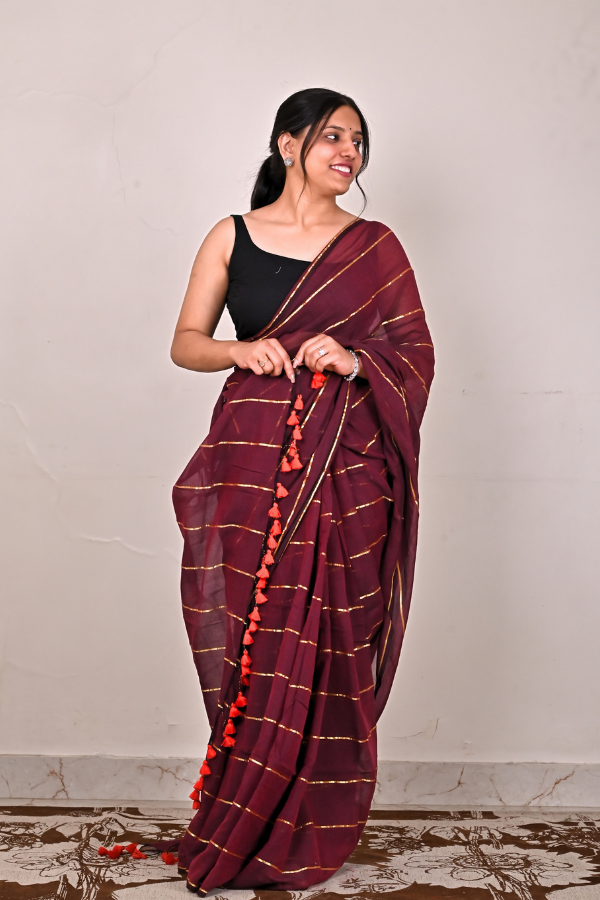 Burnt maroon mul cotton saree with zari work