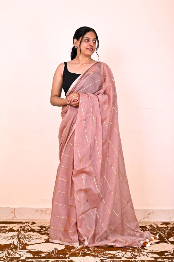 Peach beige mul cotton saree with zari work